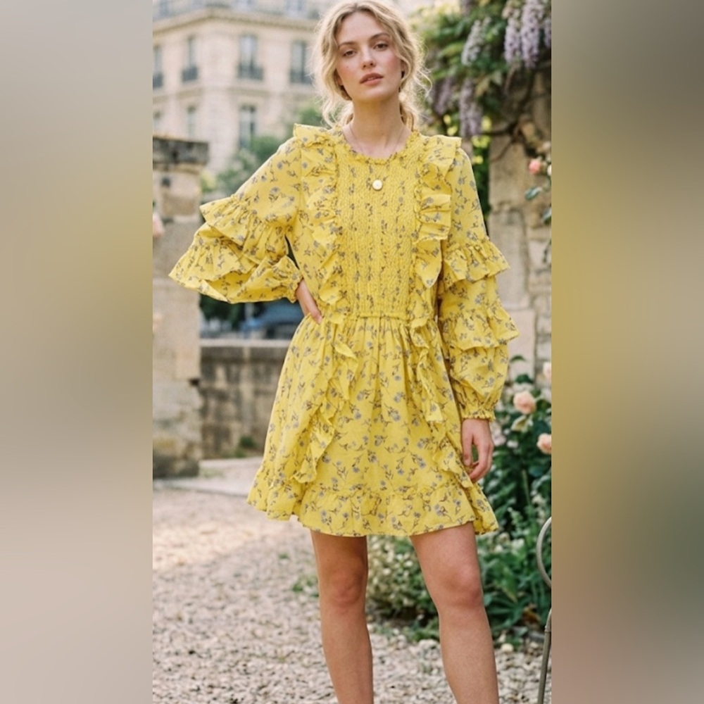 Happy X Nature Romantic Yellow Floral Ruffle Mini Dress - Size Small
